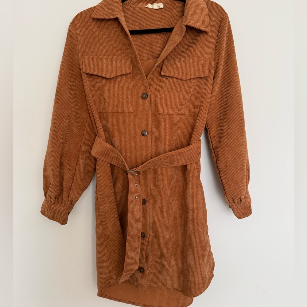 Corduroy belted fall dress in Rust